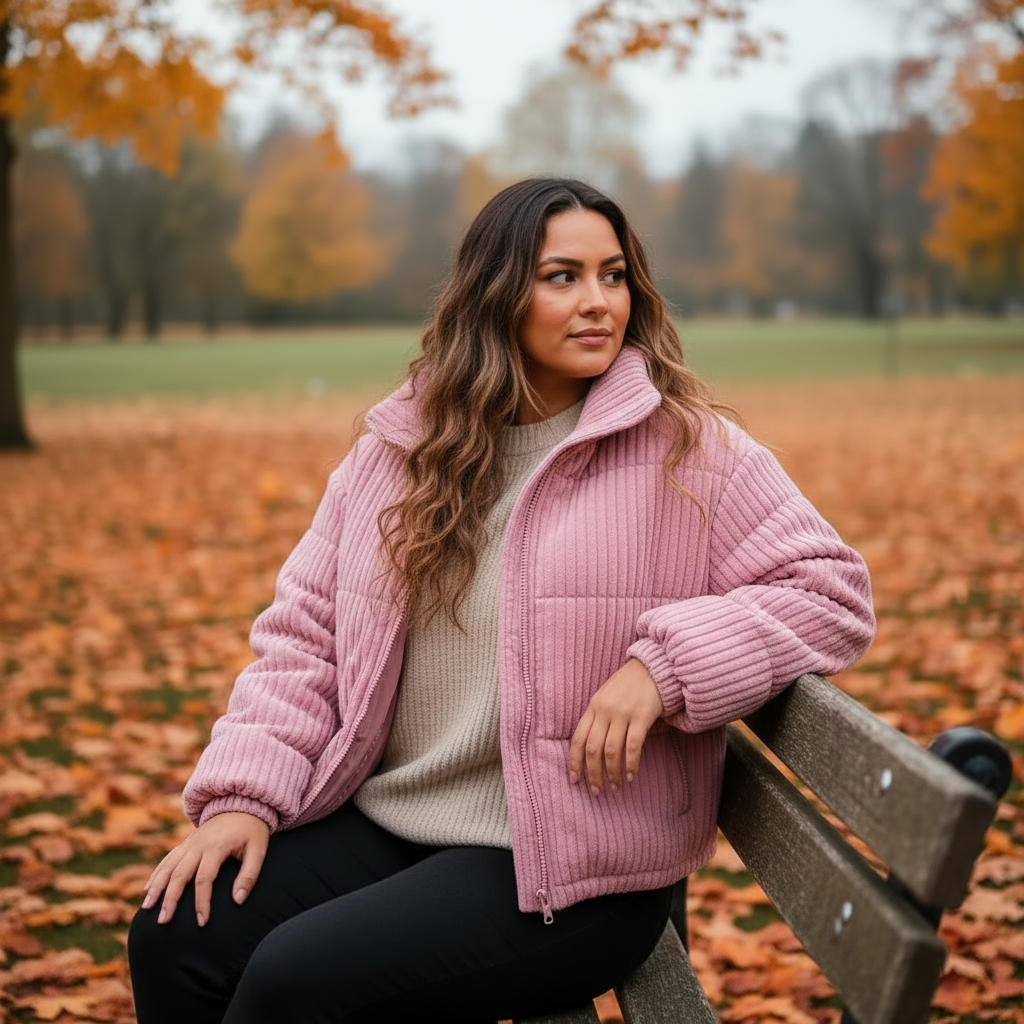 Woman in a pink jacket sitting on a bench in an autumn park.