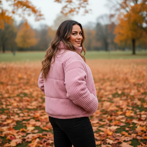 Woman in a pink sweater standing in an autumn park with fallen leaves and trees in the background.