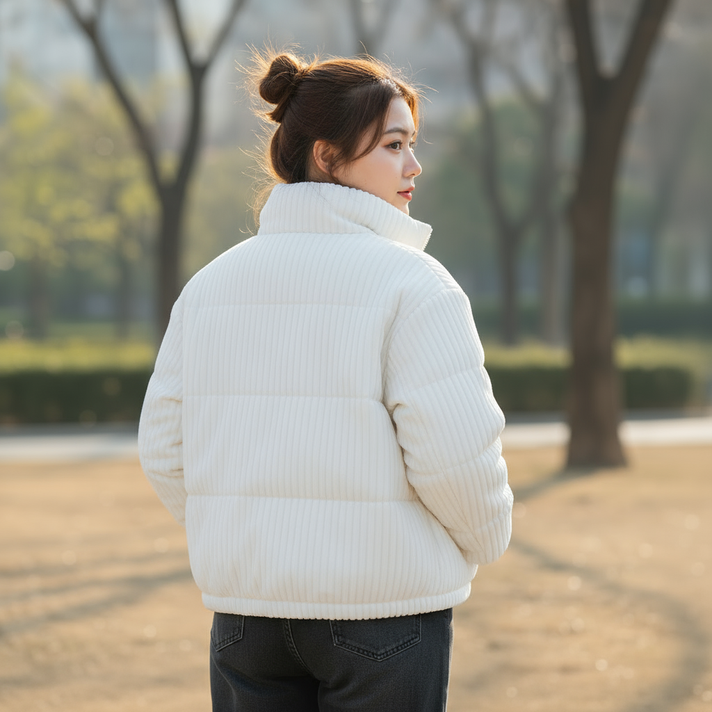 Woman wearing a white puffer jacket standing outdoors with trees in the background
