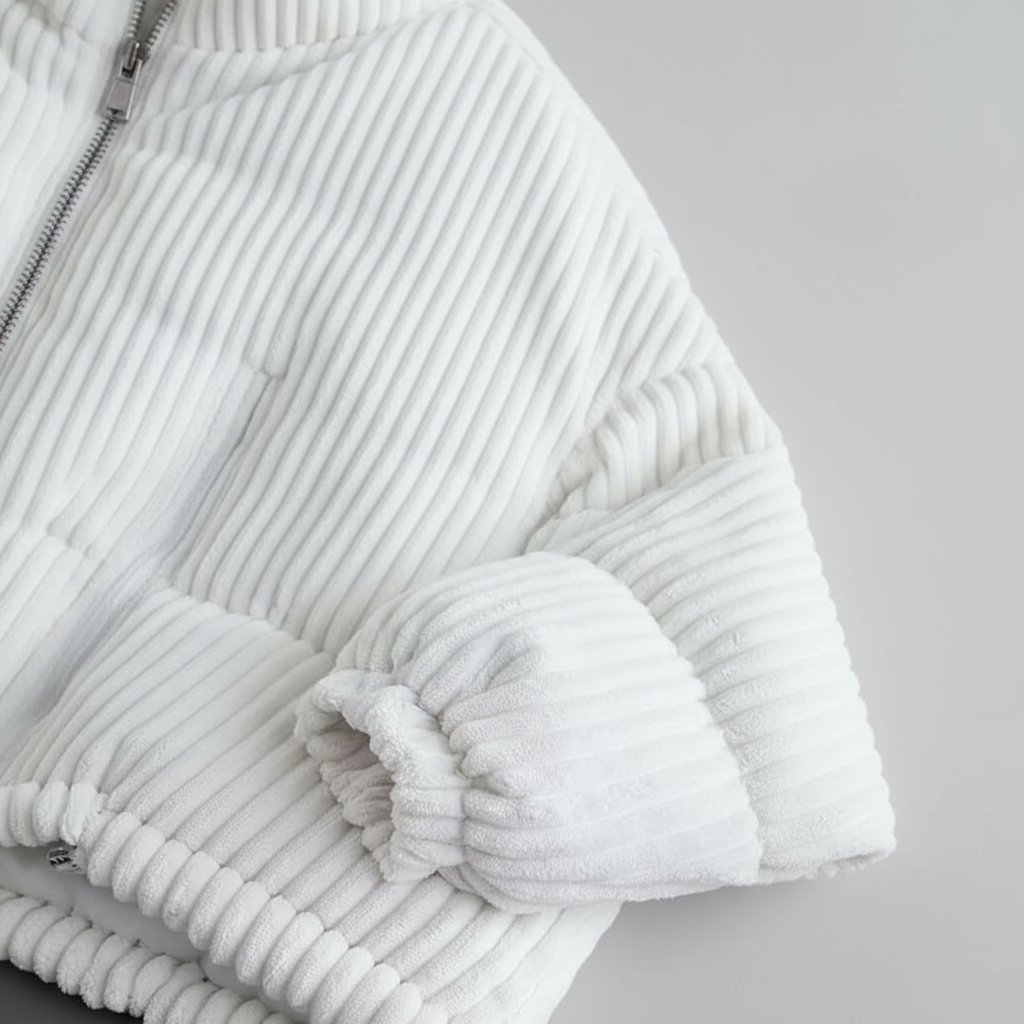 Close-up of a textured white jacket on a light gray background