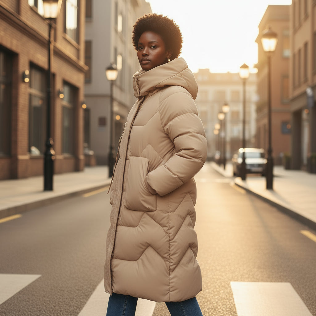 Woman wearing a beige puffer coat on a city street