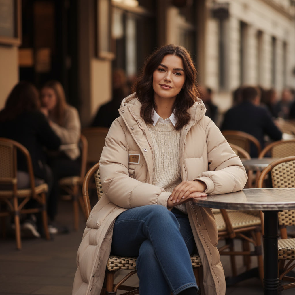 Woman sitting at an outdoor cafe table wearing a beige coat and blue jeans.