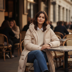 Woman sitting at an outdoor cafe table wearing a beige coat and blue jeans.