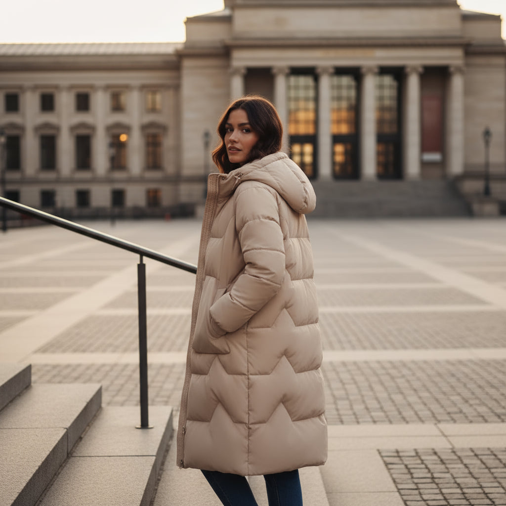 Woman in a long beige coat standing in front of a large building with columns.