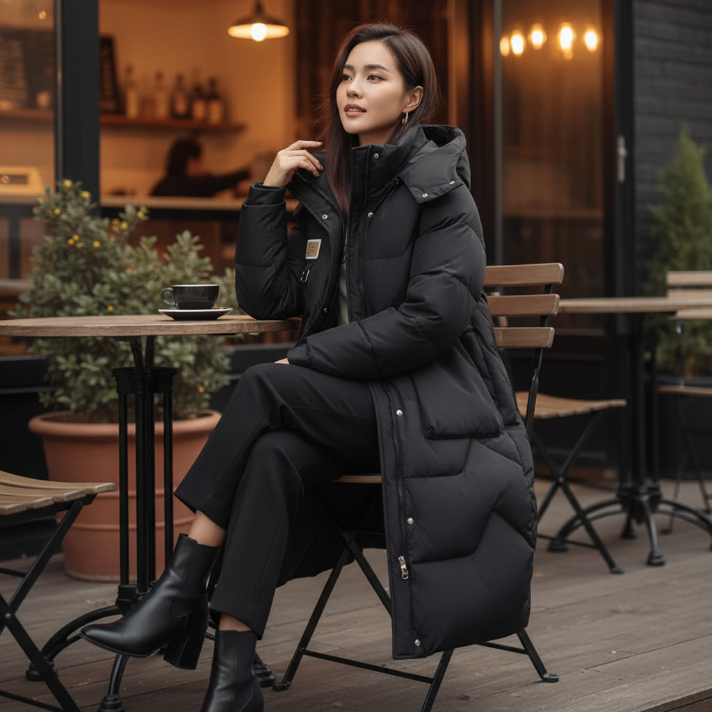 Woman in a black coat sitting at an outdoor cafe table.