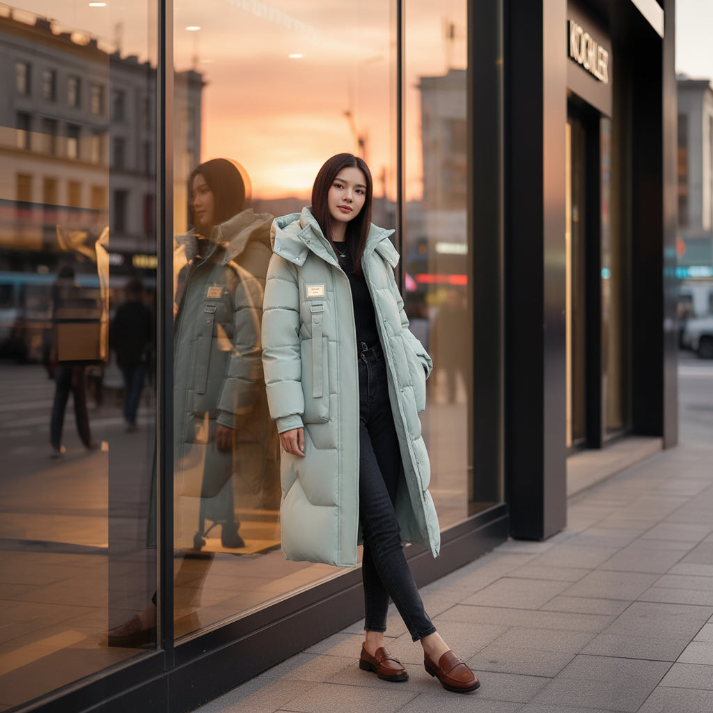 Woman in a light blue puffer coat standing in front of a store window.