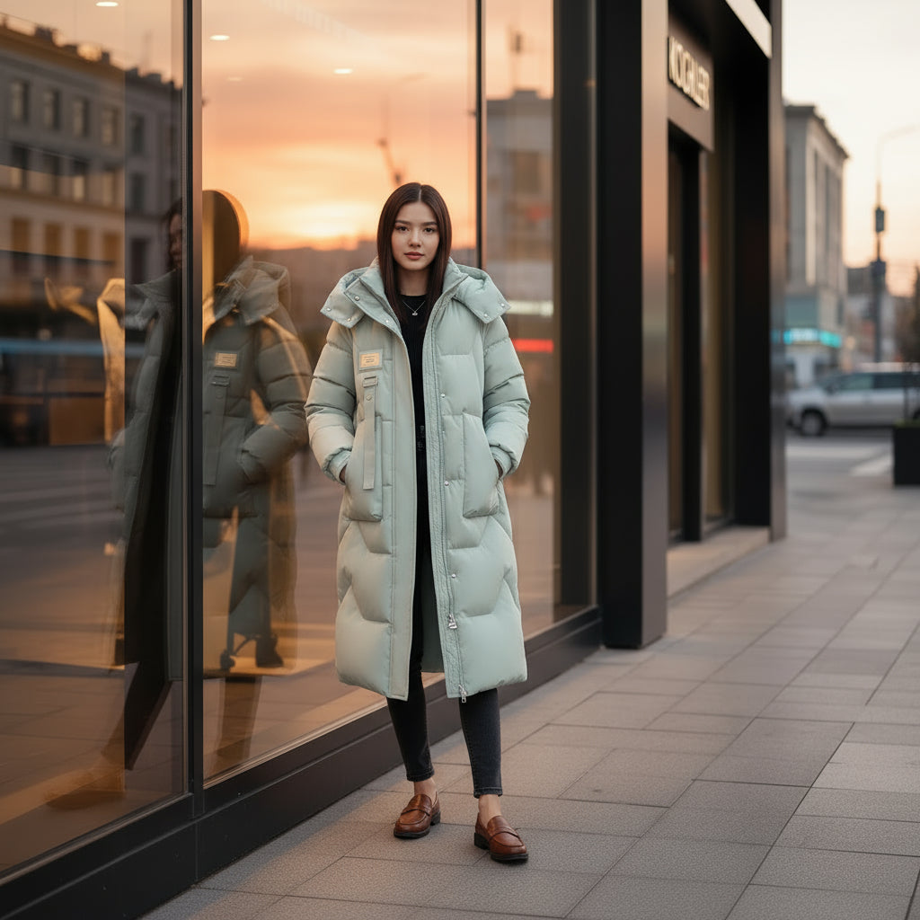 Woman wearing a light blue puffer coat standing on a city street with a store in the background.