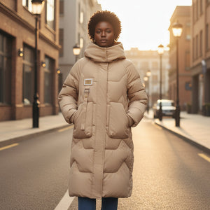 Person wearing a beige puffer coat on a city street