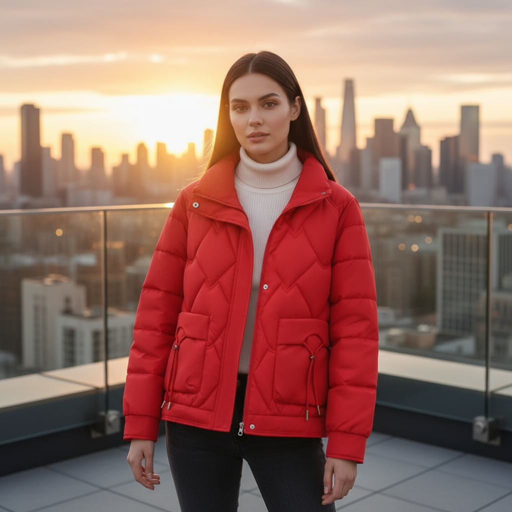 Woman wearing a red puffer jacket with a city skyline in the background