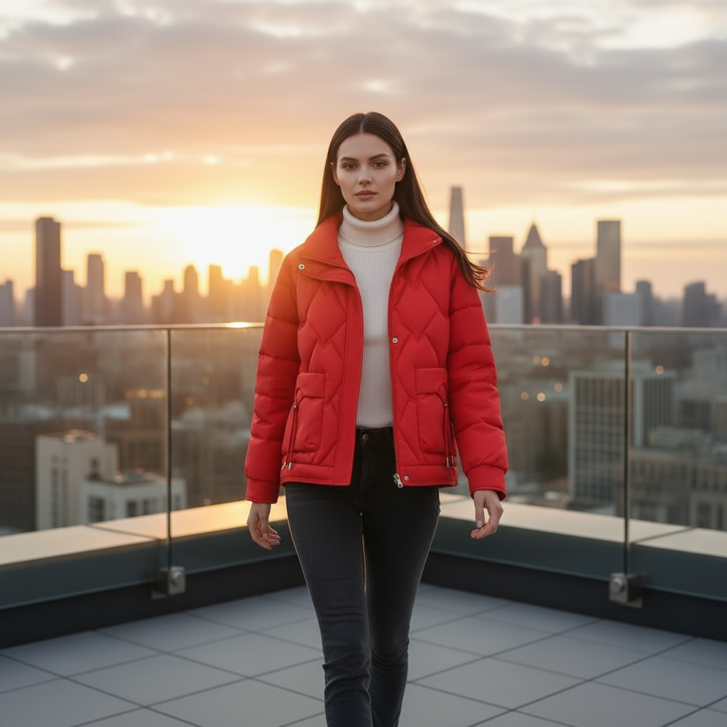 Woman in a red puffer jacket standing on a rooftop with a city skyline in the background