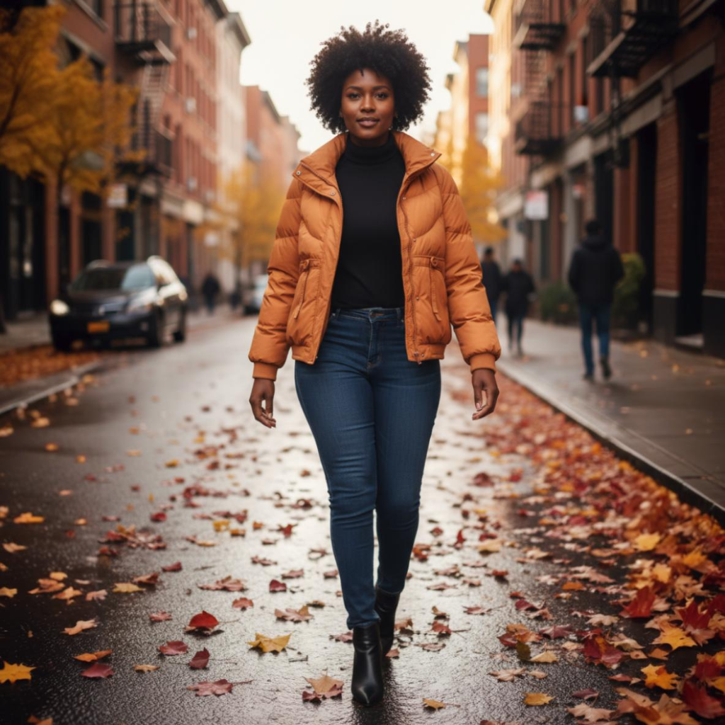 Woman walking on a street with autumn leaves and buildings in the background