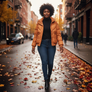 Woman walking on a street with autumn leaves and buildings in the background