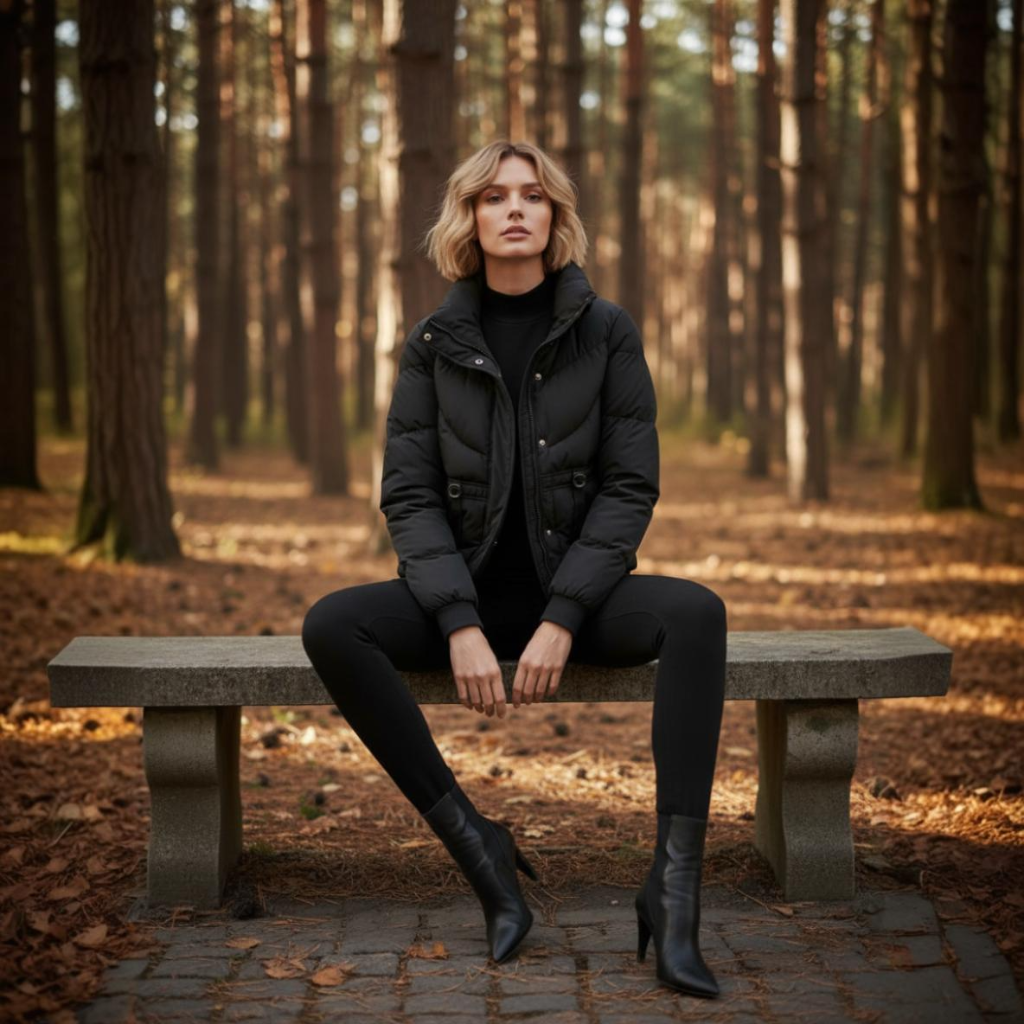 Woman sitting on a bench in a forest wearing a black coat and black boots.