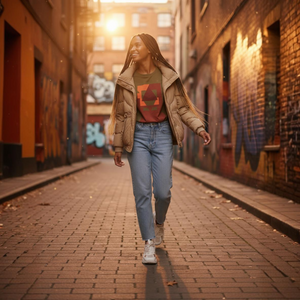 Woman walking down a graffiti-covered alleyway