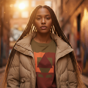 Woman wearing a beige puffer jacket over a graphic t-shirt in an urban setting