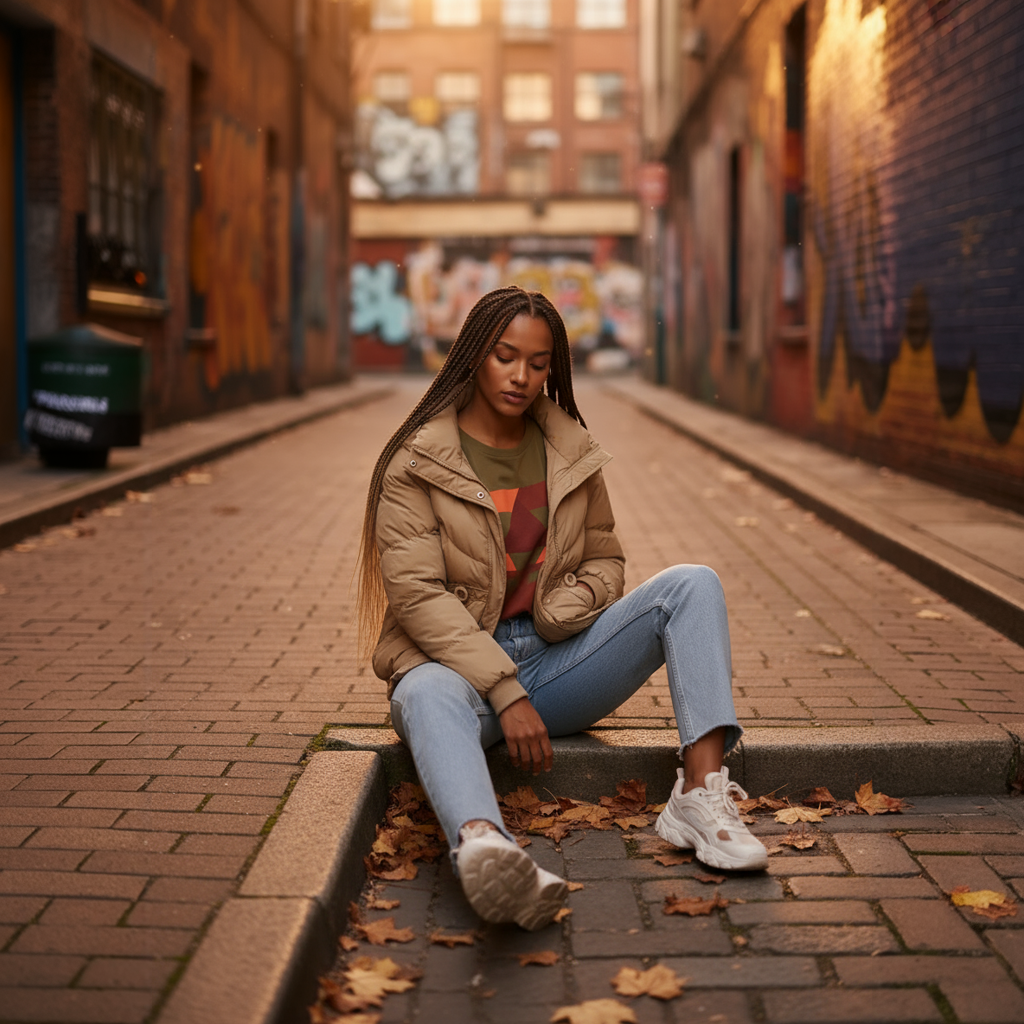 Woman sitting on a brick alleyway with graffiti in the background