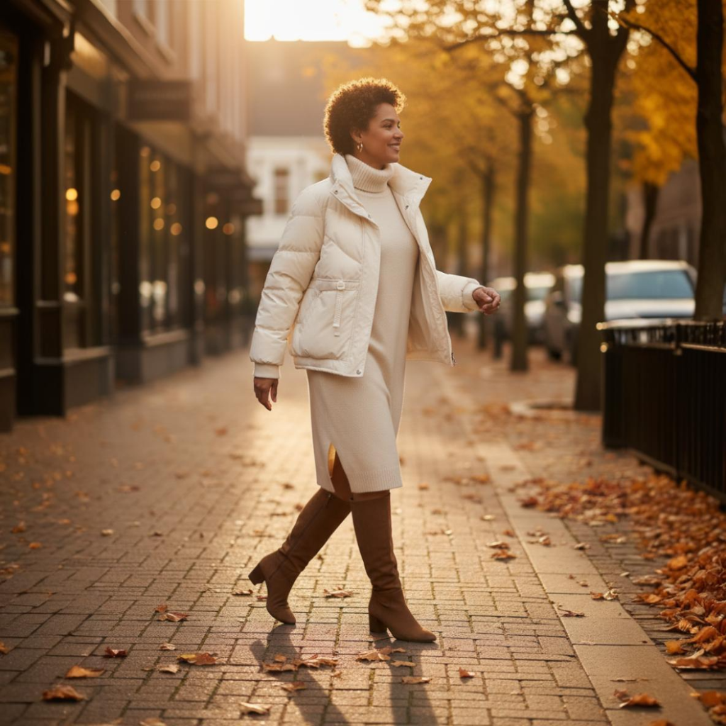 Woman walking on a sidewalk in an urban setting with autumn leaves and buildings in the background.