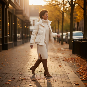 Woman walking on a sidewalk in an urban setting with autumn leaves and buildings in the background.