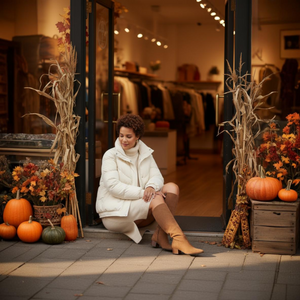 Woman in a white coat sitting in front of a store entrance with autumn decorations.