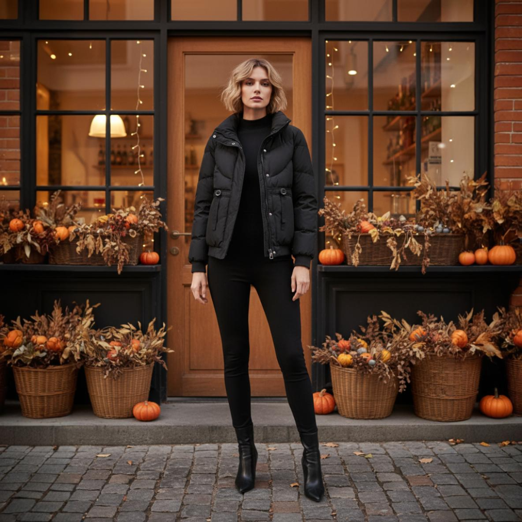 Woman in black outfit standing in front of a store with Halloween decorations