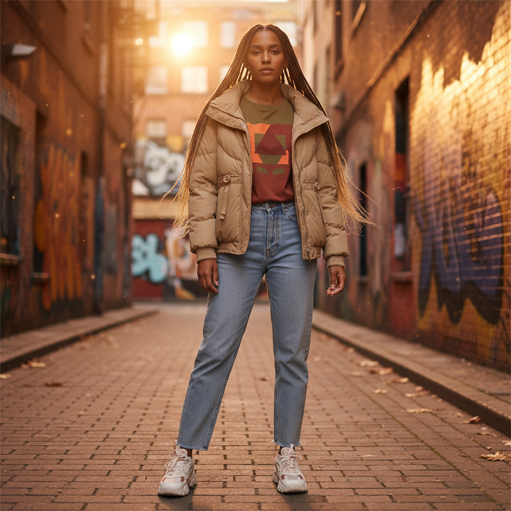 Woman standing in an alleyway with graffiti, wearing a beige jacket, green shirt, blue jeans, and white sneakers.