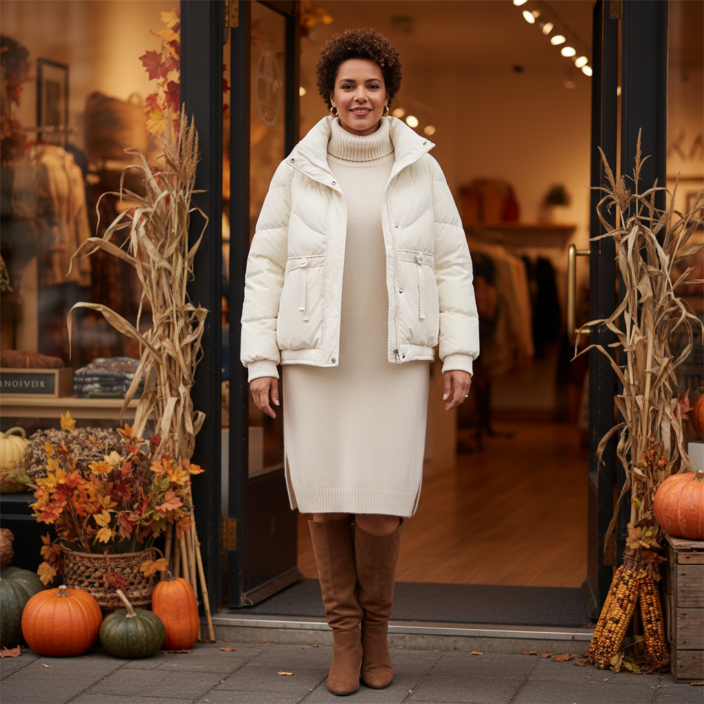 Woman in a white coat standing in front of a store entrance with autumn decorations.
