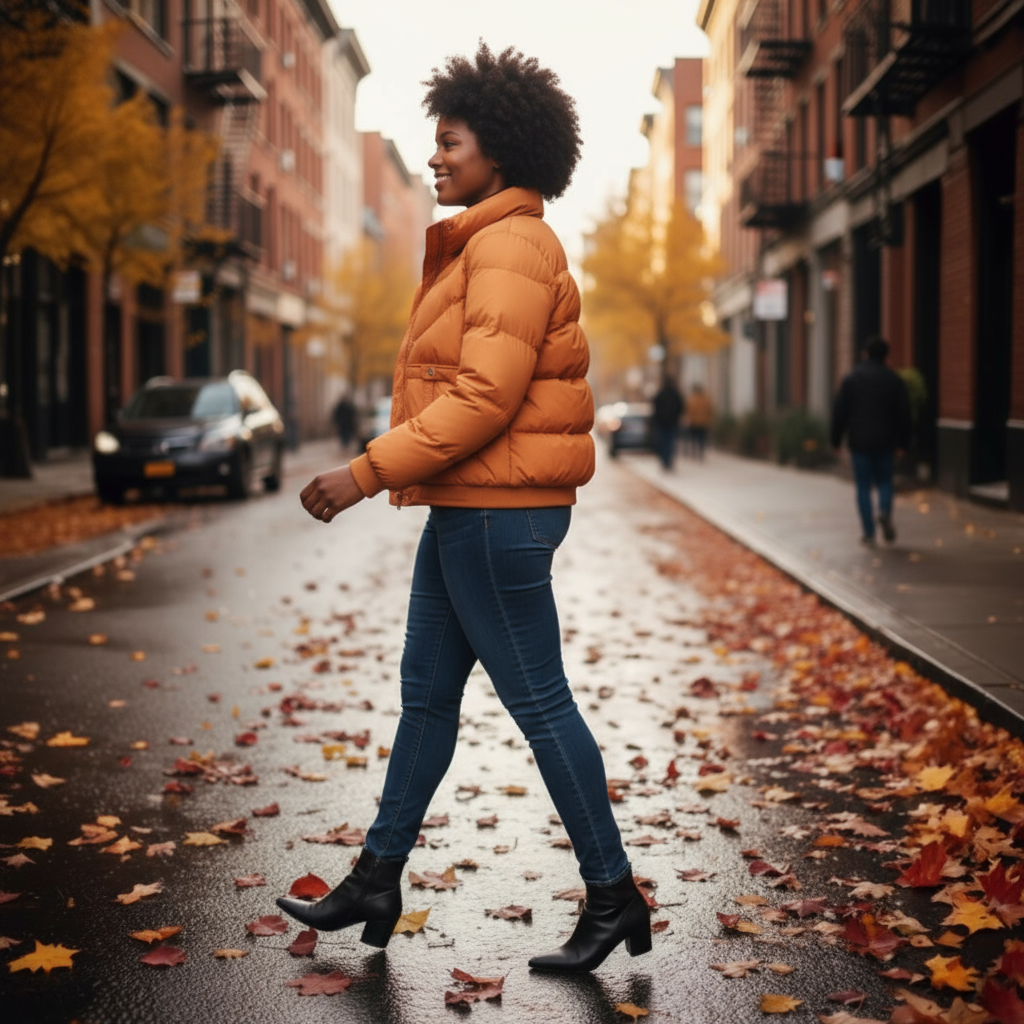 Person wearing an orange puffer jacket walking on a street with autumn leaves