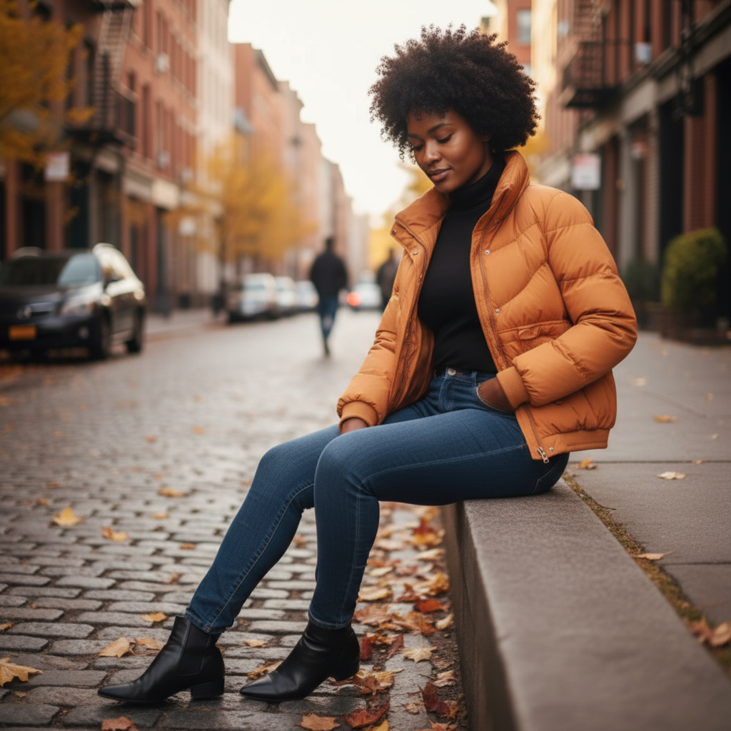 Woman in an orange puffer jacket sitting on a street curb in an urban setting.