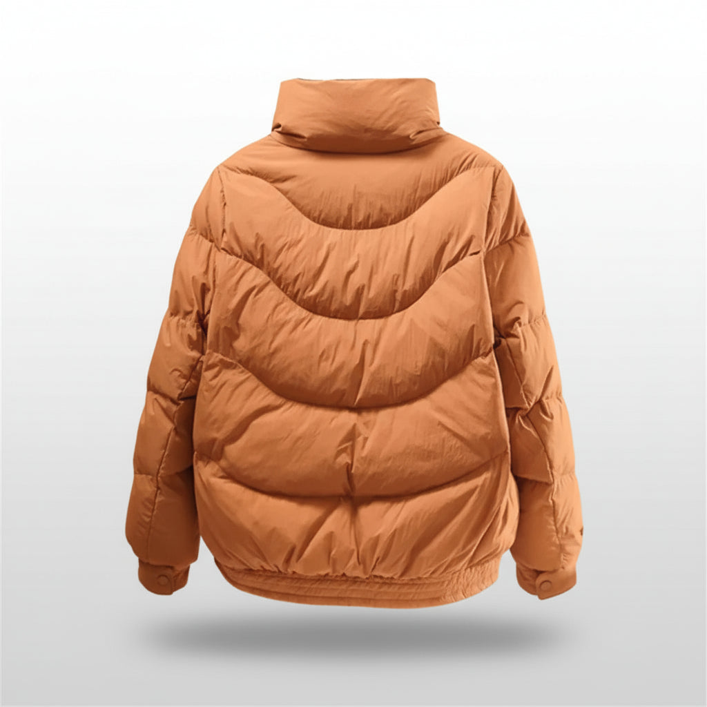 Brown puffer jacket on a light beige background
