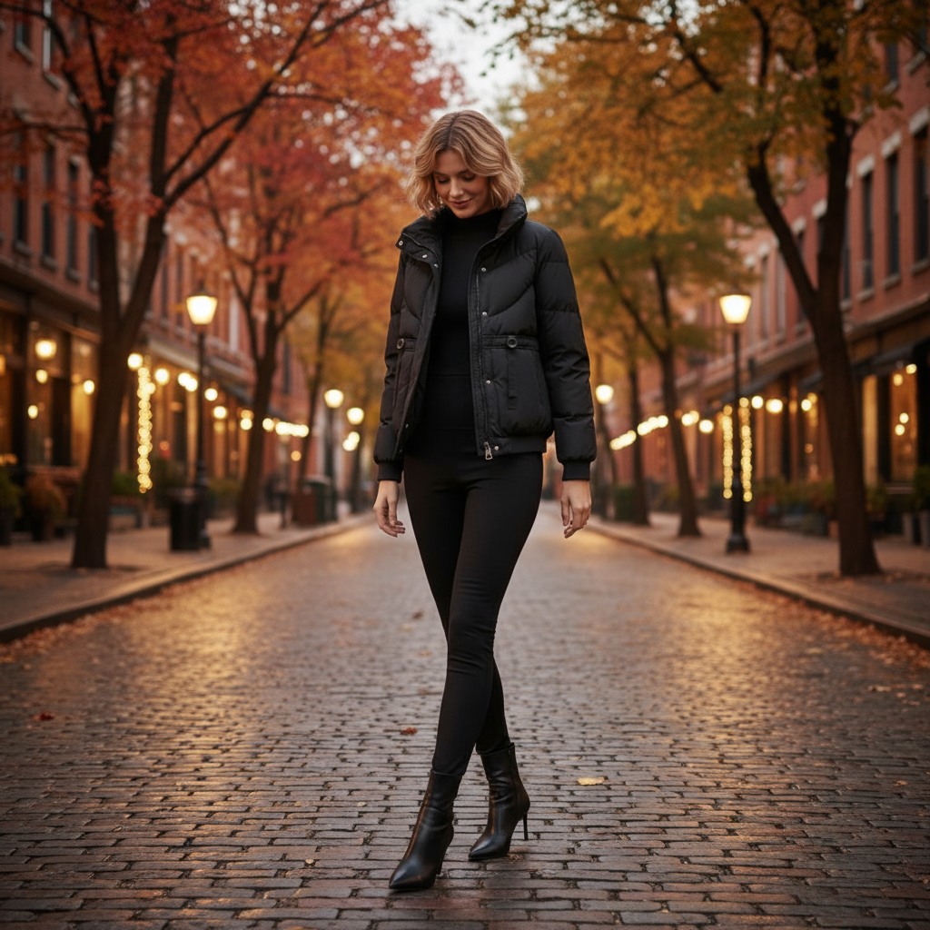 Woman in black outfit walking on a street with autumn trees