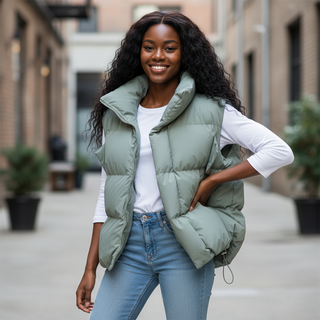 Woman wearing a green puffer vest and blue jeans standing outdoors.