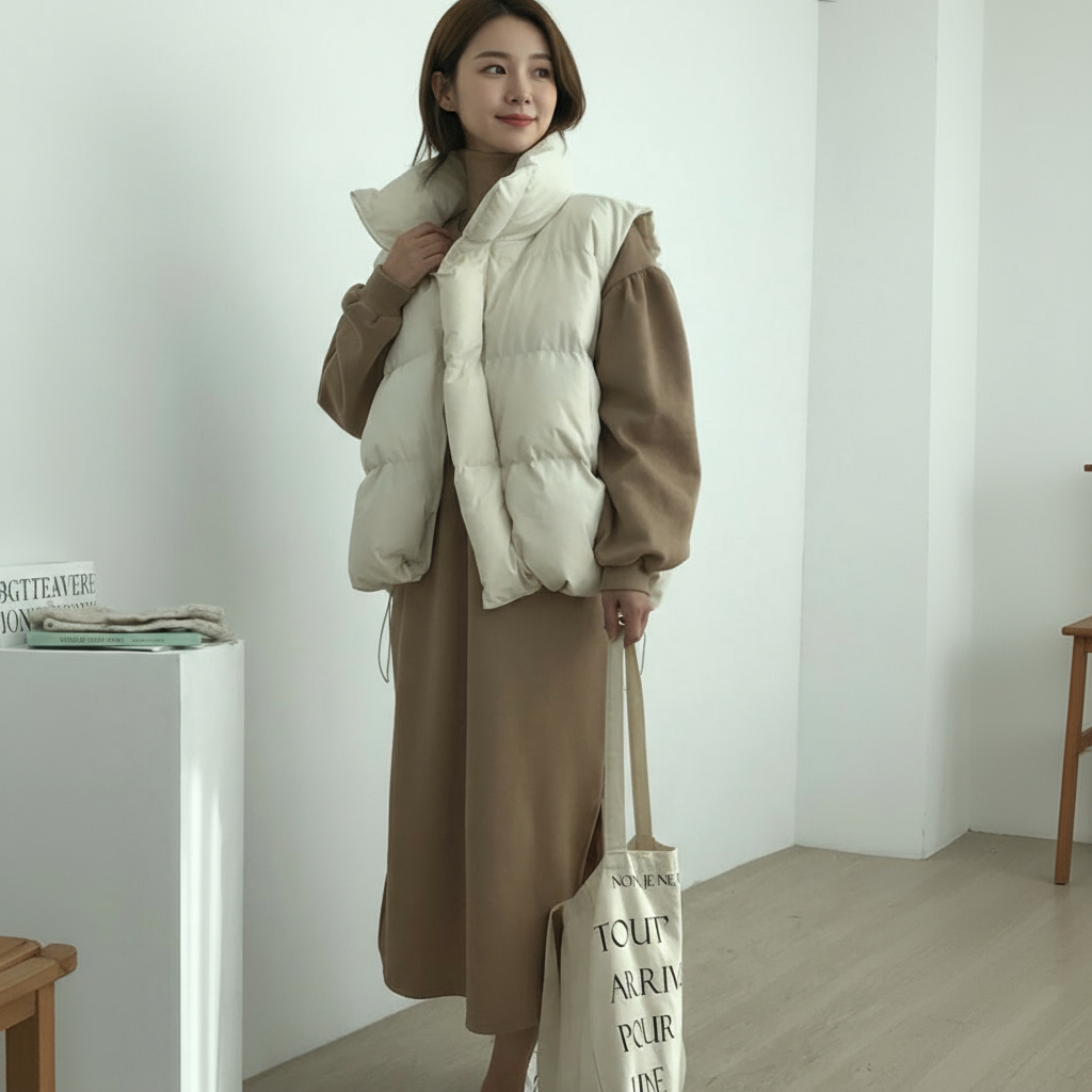 Woman wearing a beige puffer vest over a brown outfit, holding a tote bag indoors.