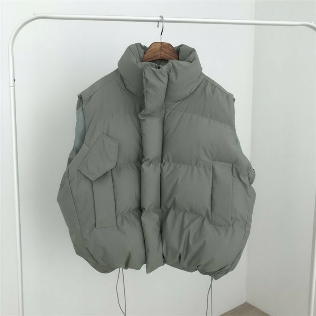 Gray puffer vest hanging on a rack against a white background