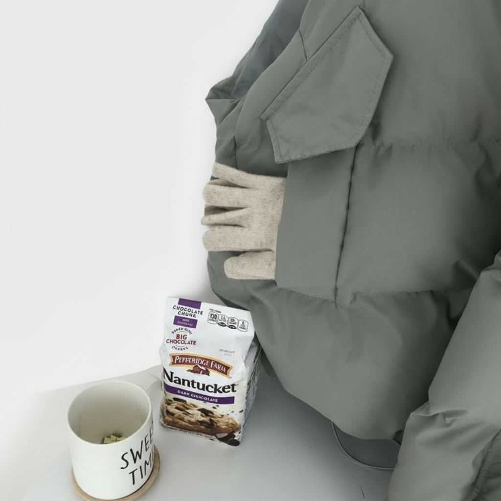 Gray puffer jacket with gloves, a mug, and a package of Nantucket Chocolates on a white surface.