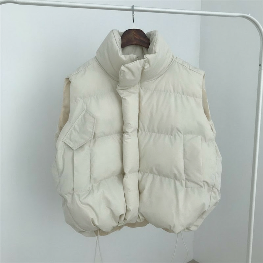 White puffer vest hanging on a rack against a white background