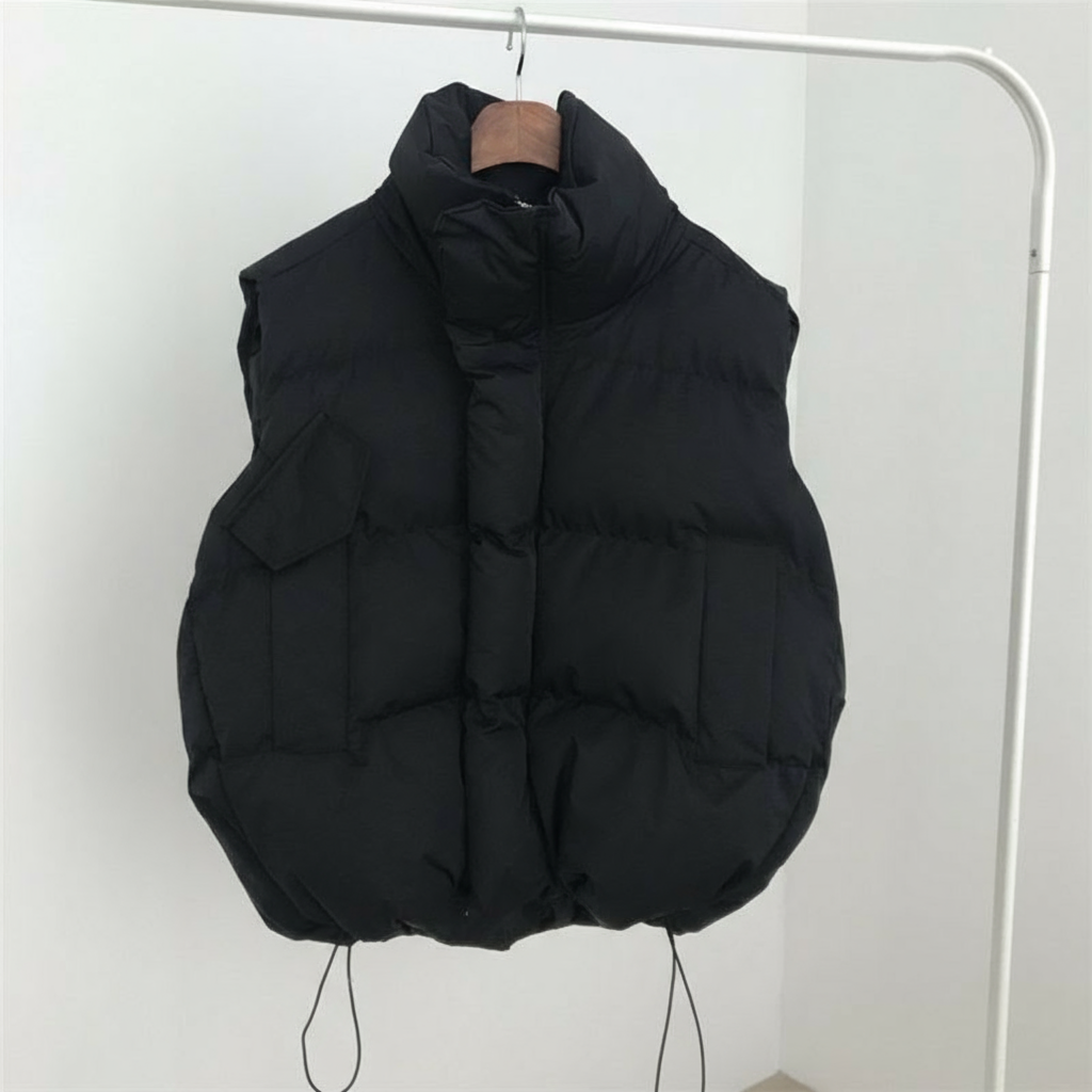 Black puffer vest on a hanger against a white background