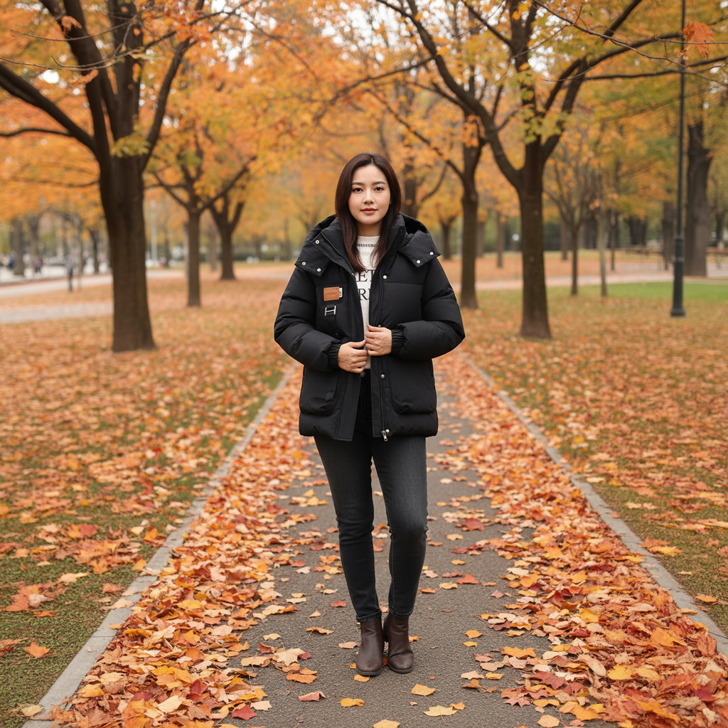 Woman in a black coat standing on a path lined with autumn leaves and trees.
