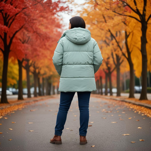 Person wearing a light green puffer jacket walking down a street lined with trees in autumn colors.
