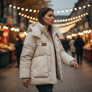 Woman wearing a beige puffer jacket in an outdoor market setting with blurred lights in the background