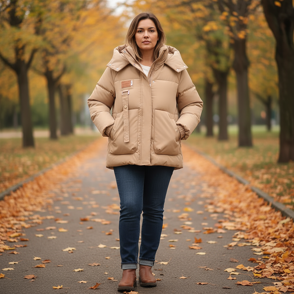 Woman wearing a beige puffer jacket walking on a path lined with trees with autumn foliage.