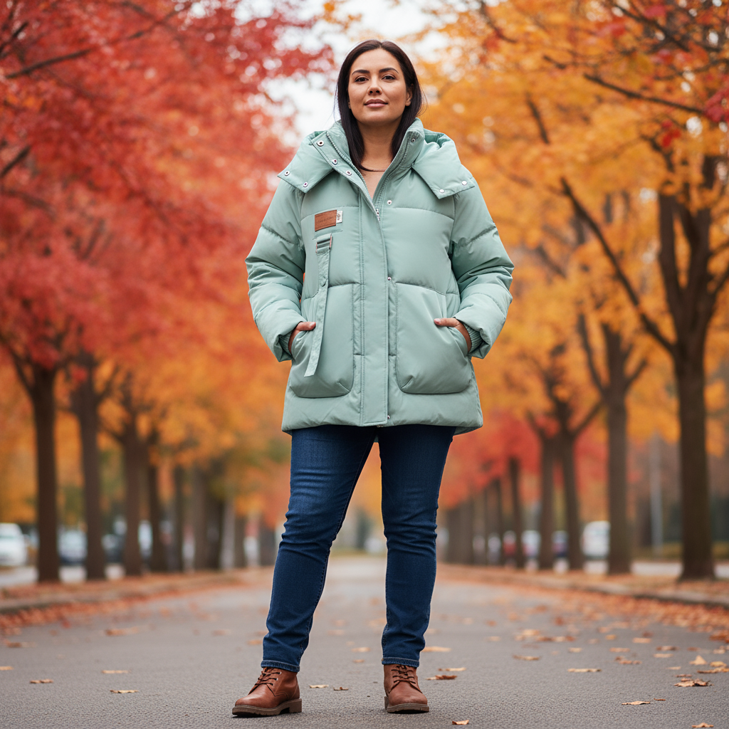 Woman in a light green coat standing on a path lined with trees with autumn foliage.