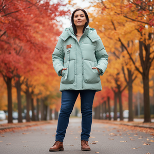 Woman in a light green coat standing on a path lined with trees with autumn foliage.