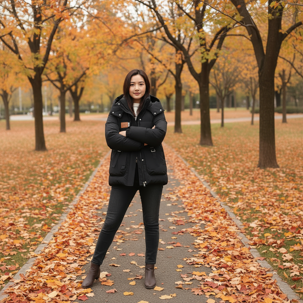 Woman standing on a path lined with trees with autumn foliage