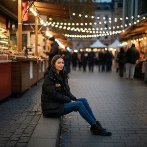 Woman sitting on a street corner in a market with string lights above