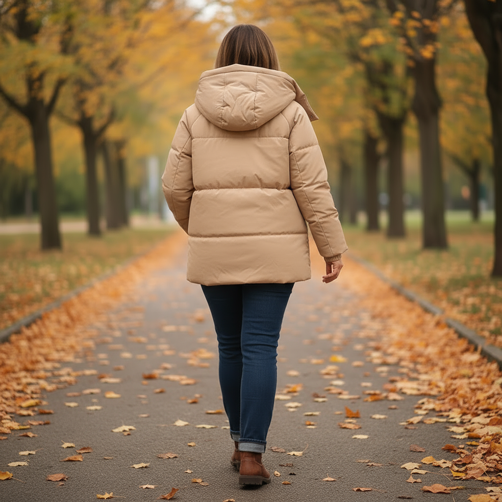 Person walking away in a beige puffer coat on a leaf-covered path in an autumn park.