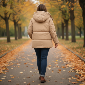 Person walking away in a beige puffer coat on a leaf-covered path in an autumn park.
