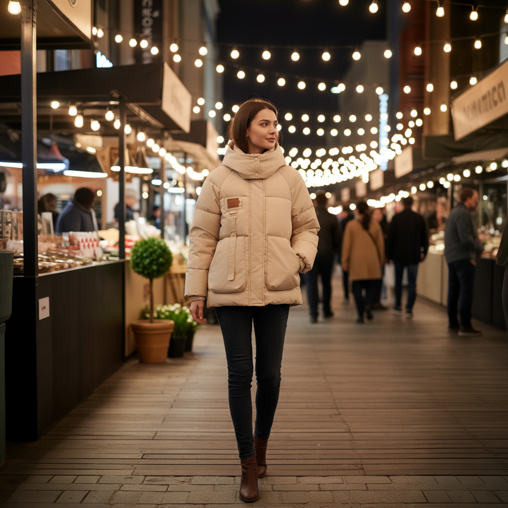 Woman walking through a market with string lights above