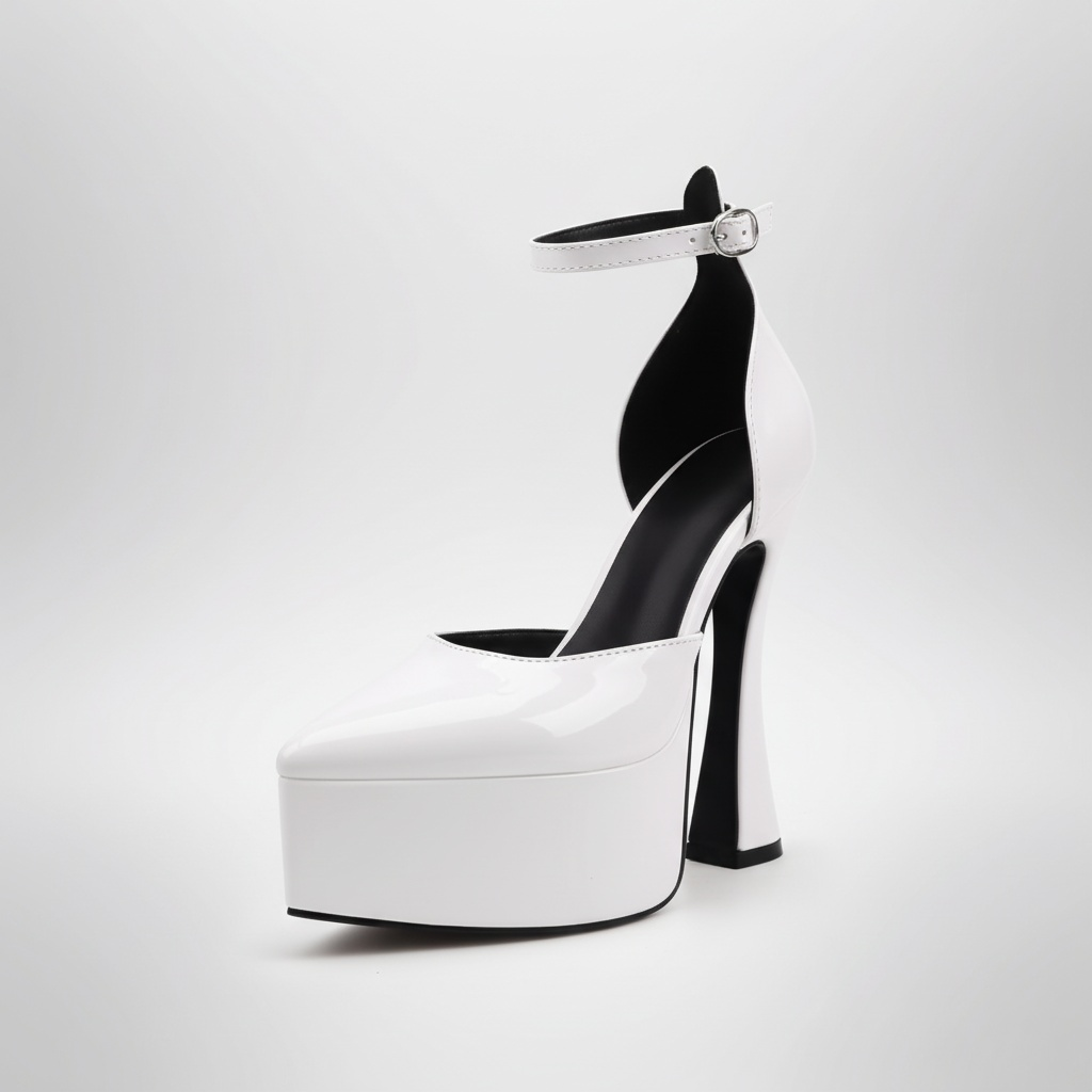 Black and white high-heeled platform shoe on a white background