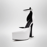 Black and white high-heeled platform shoe on a white background