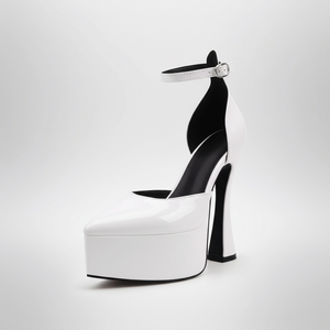 Black and white high-heeled platform shoe on a white background